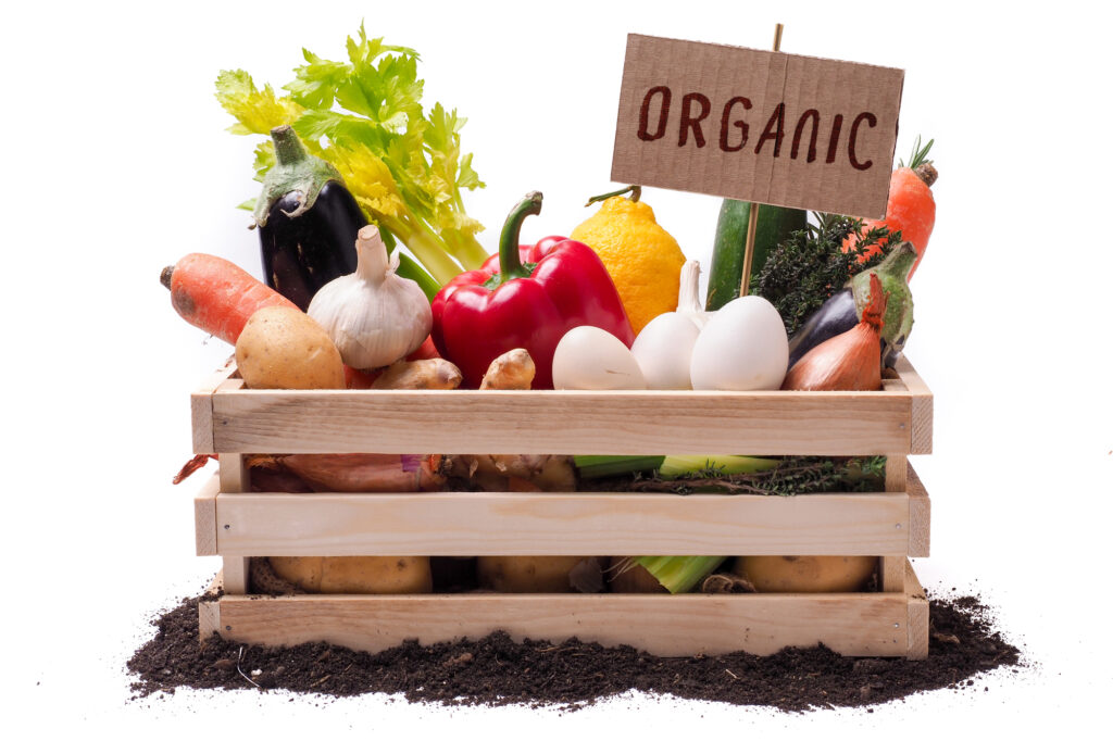 Organic vegetables in a wooden rustic box