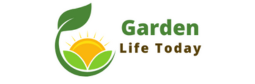 Logo for Garden Life Today showing a sun rising behind green leaves within a circular emblem with the brand name to the right.